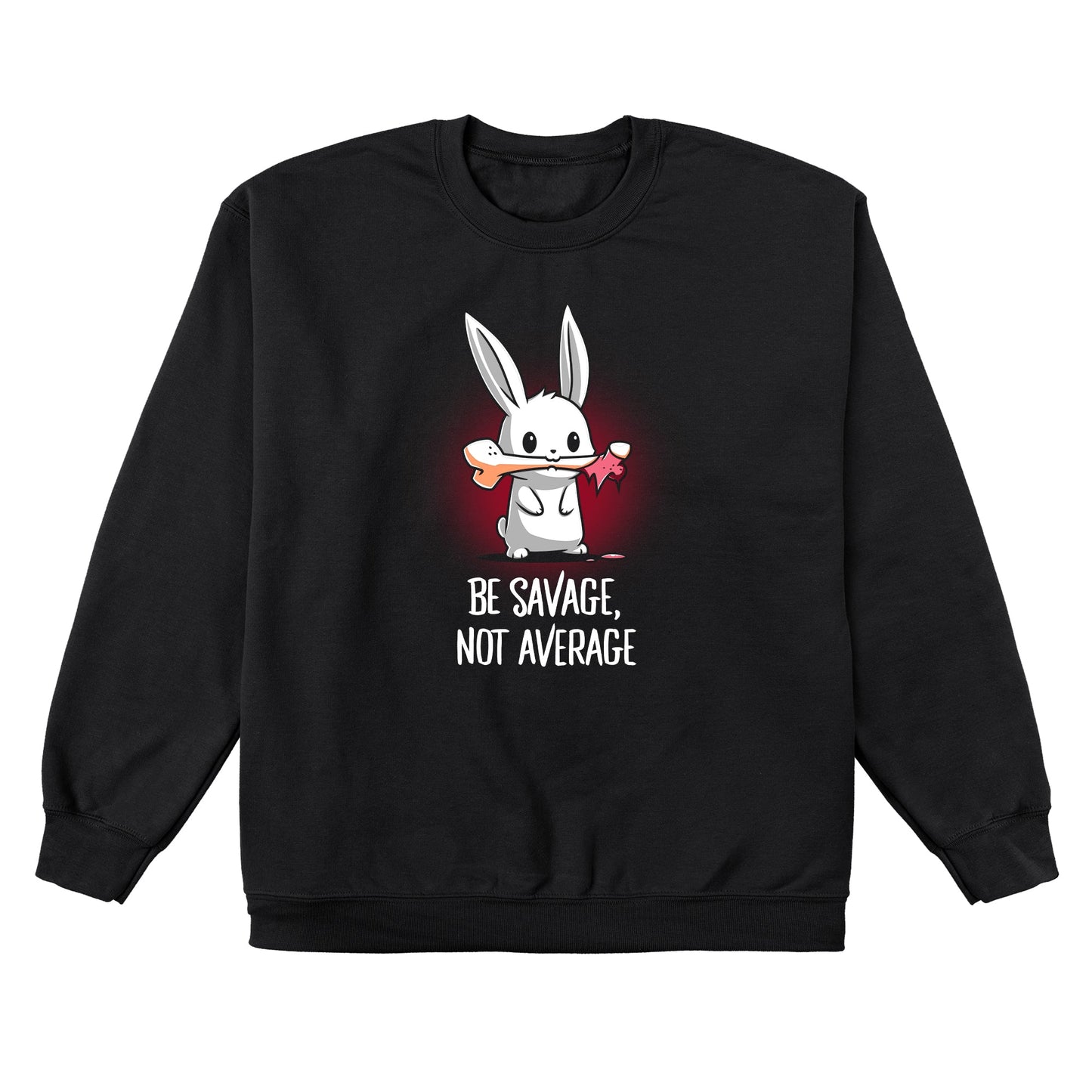 Crew Neck Sweatshirt_TeeTurtle Be Savage, Not Average black design featuring a dark and dangerous bunny holding a bone in its mouth.