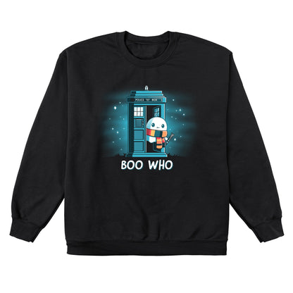 Crew Neck Sweatshirt_TeeTurtle black Boo Who. Featuring a ghost wearing a scarf and holding a tool coming out of a phone booth.