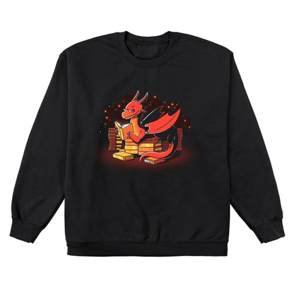 Crew Neck Sweatshirt__TeeTurtle Book Hoarder black design featuring a red dragon with horns and wings, reading a book while sitting among piles of books against a dark background with glowing embers.