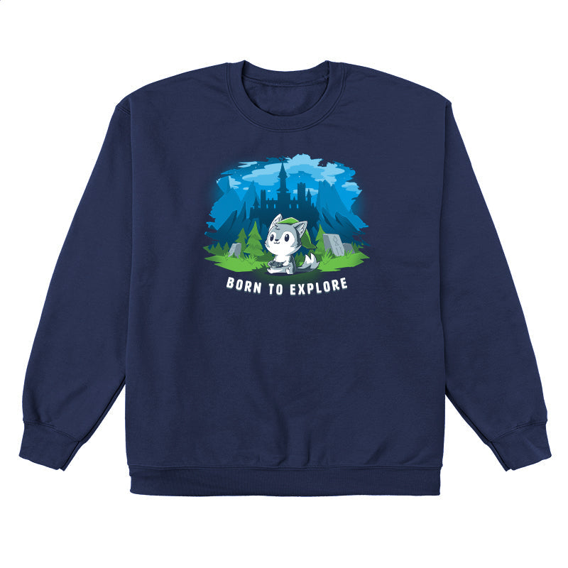 Crew Neck Sweatshirt_TeeTurtle navy blue Born to Explore. Featuring a wolf in a video game cosplay outfit playing a video game with a fantasy background.