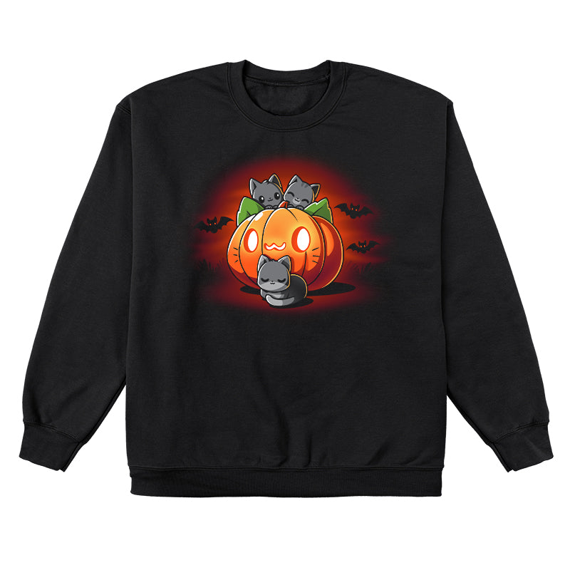 Crew Neck Sweatshirt_TeeTurtle black Cat O'Lantern. Featuring a giant pumpkin jack-o-lantern with a cat face surrounded by cats.