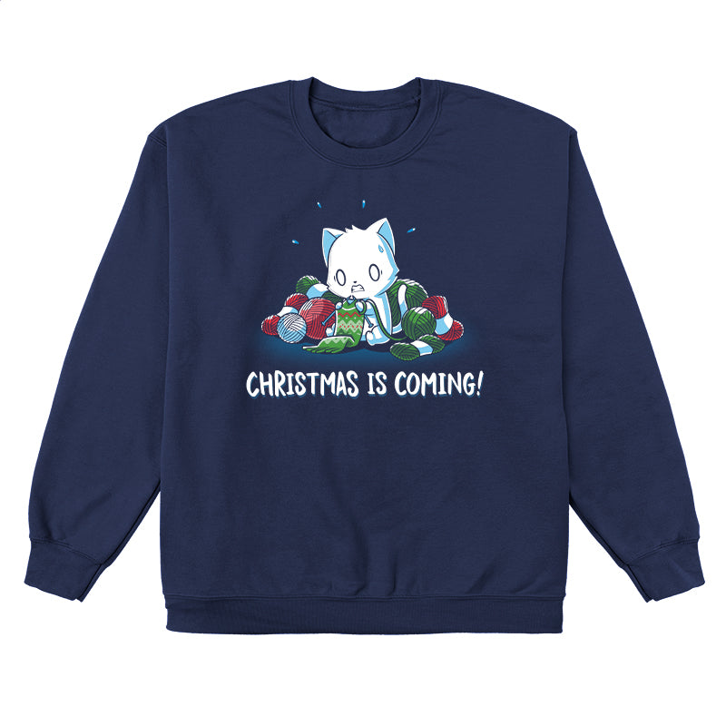 Crew Neck Sweatshirt_TeeTurtle Christmas is Coming! navy blue design featuring an anxious cat that is crafting gifts for Christmas