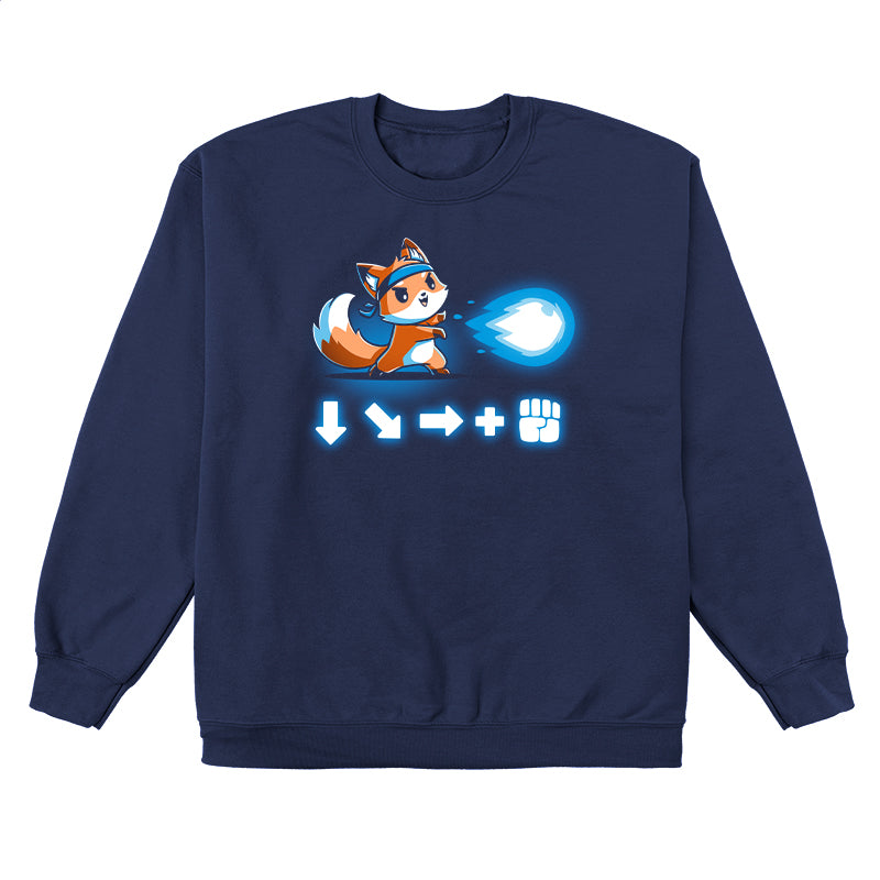 Crew Neck Sweatshirt_Teeturtle Combo Attack navy blue design featuring a cute little fox wearing a headband firing off a Hadouken fireball with the game input command beneath.