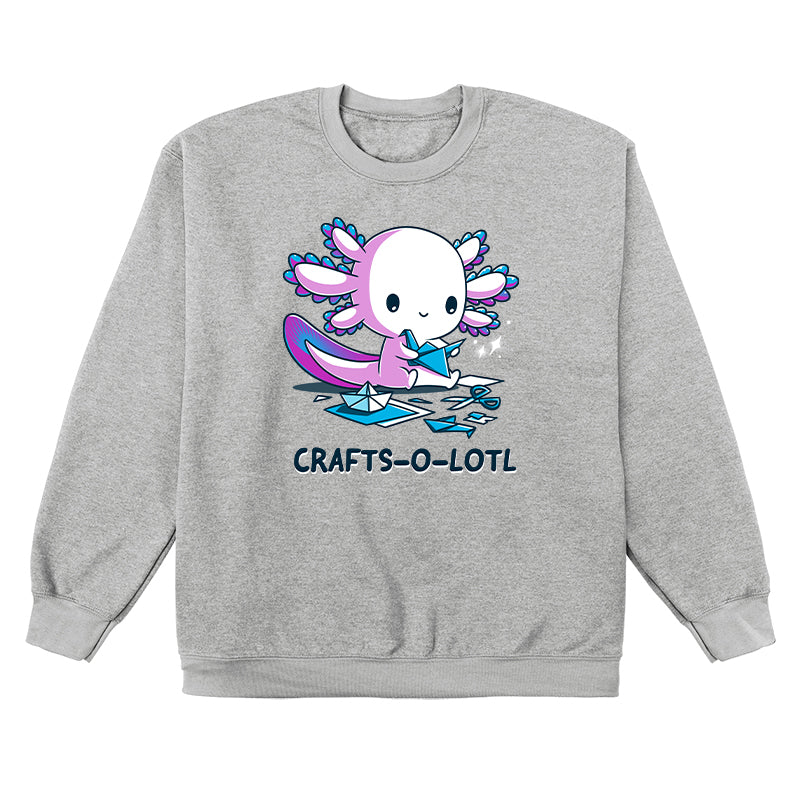 Crew Neck Sweatshirt_TeeTurtle Crafts-O-Lotl Silver Gray design featuring a cute axolotl making origami crafts, surrounded by paper and completed pieces. Text below reads "CRAFTS-O-LOTL"