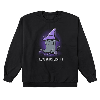 Crew Neck Sweatshirt_TeeTurtle Crafty Kitty black t-shirt featuring a cheerful gray cat wearing a witches hat and crafting.