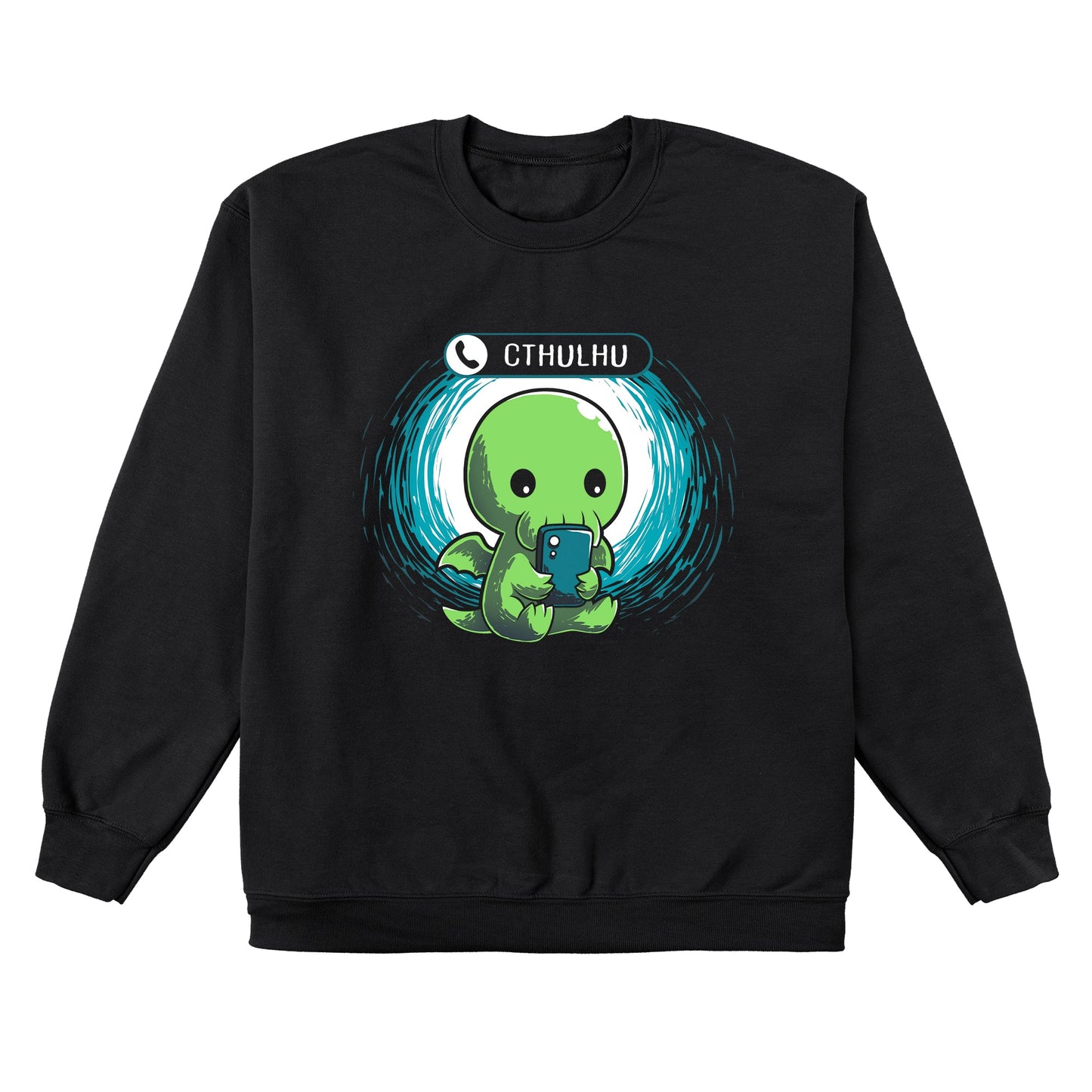 Crew Neck Sweatshirt_TeeTurtle Cthulhu Calling black design featuring a Cthulhu holding a smartphone and looking at the screen with an incoming call notification displaying "Cthulhu" at the top.