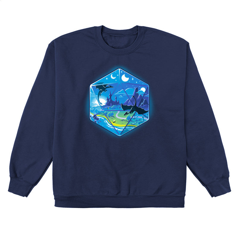 Crew Neck Sweatshirt_Illustration of a fantasy world within a hexagonal frame, featuring flying dragons, a castle, mountains, a river, and both the sun and moon in the sky. Perfect for your monsterdigital D20 Landscape apparel collection in super soft ringspun cotton.