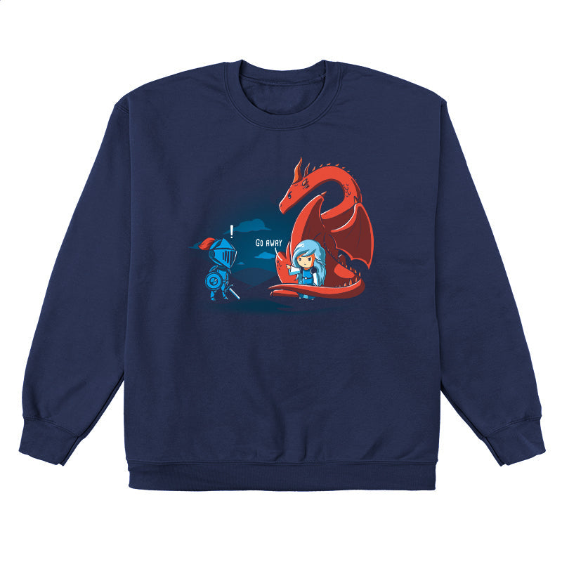 Crew Neck Sweatshirt_TeeTurtle navy blue Damsel In Control. Featuring a damsel with a dragon telling a knight trying to rescue the damsel to go away.