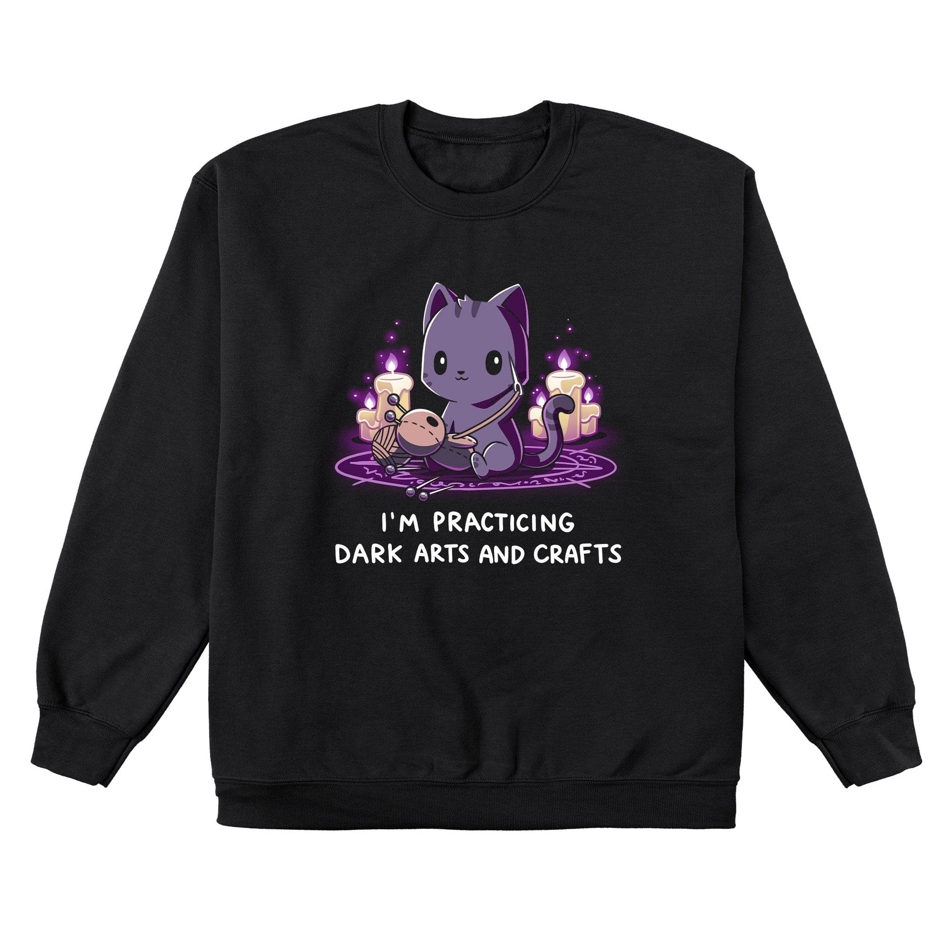 Crew Neck Sweatshirt_TeeTurtle Dark Arts and Crafts black t-shirt featuring a cat crafting a voodoo doll