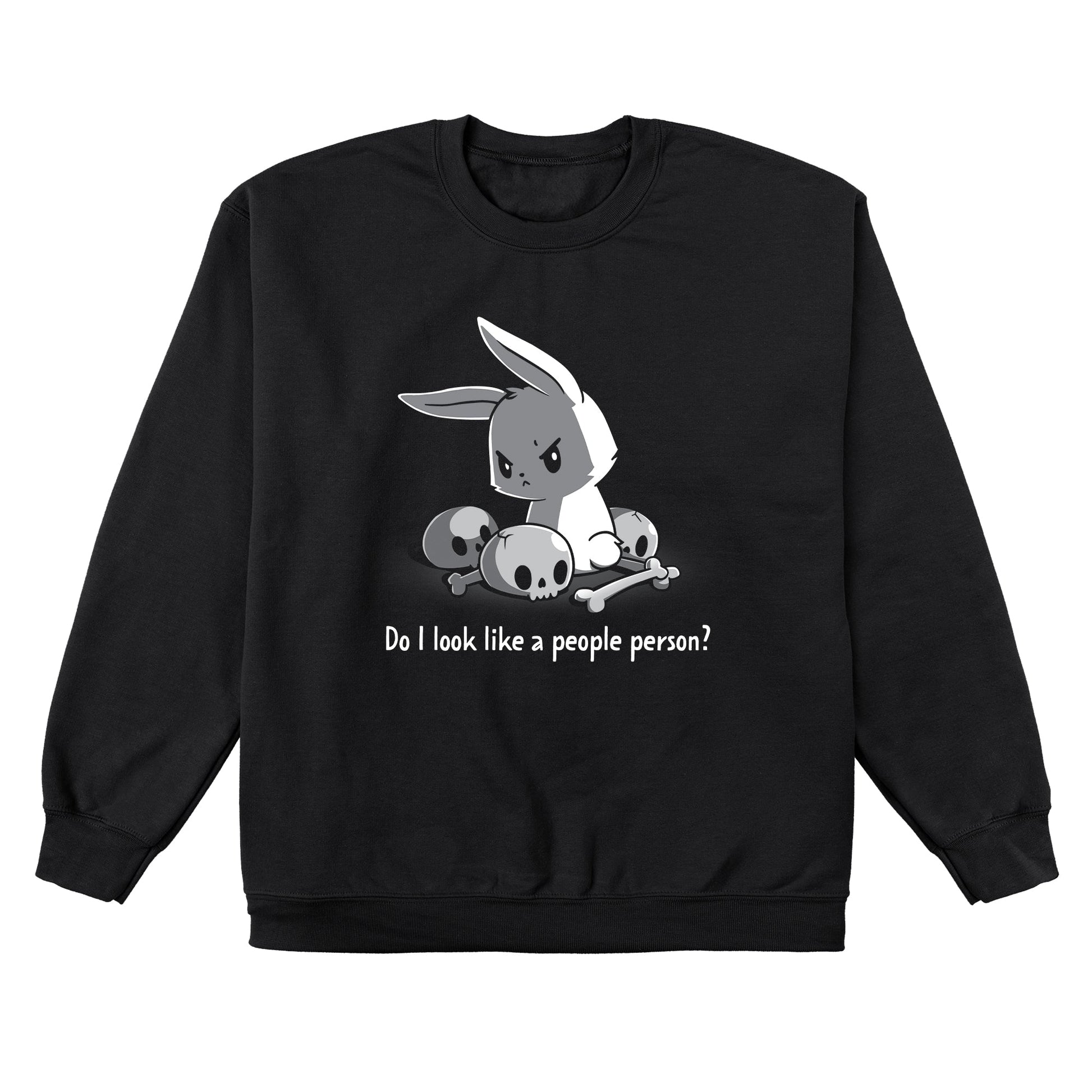 Crew Neck Sweatshirt_TeeTurtle Do I Look Like a People Person black t-shirt featuring a bunny with an angry expression sitting among skulls and bones. The text reads "Do I Look Like a People Person?"