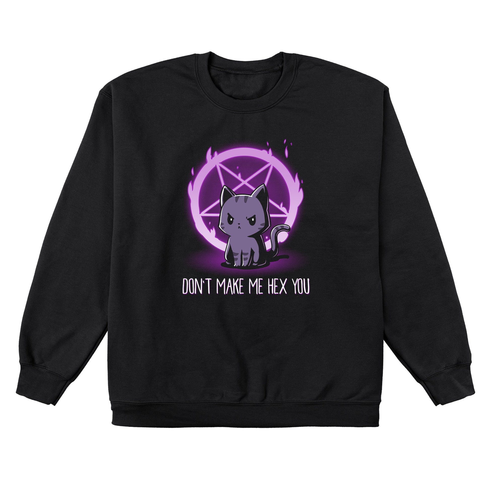 Crew Neck Sweatshirt_TeeTurtle Don't Make Me Hex You black design featuring a cat in front of a purple flaming pentagram.