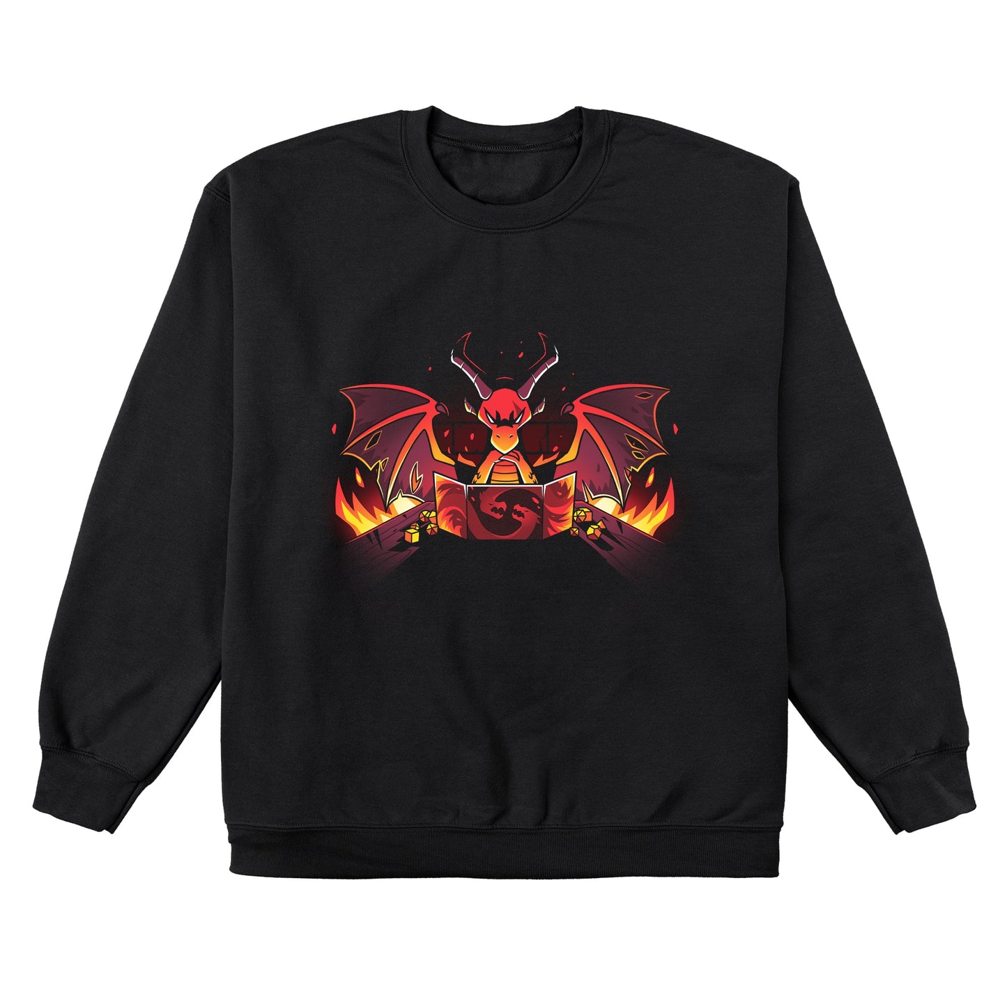 Crew Neck Sweatshirt_TeeTurtle black Dragon Master. Featuring a sinister-looking dragon dungeon master with flames in the background.