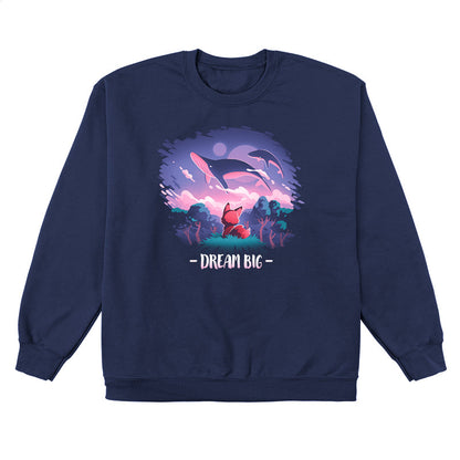 Crew Neck Sweatshirt_TeeTurtle Dream Big navy blue t-shirt featuring an orange fox who gazes at magical whales flying in the night sky above a fantasy forest with the text "Dream Big" below.