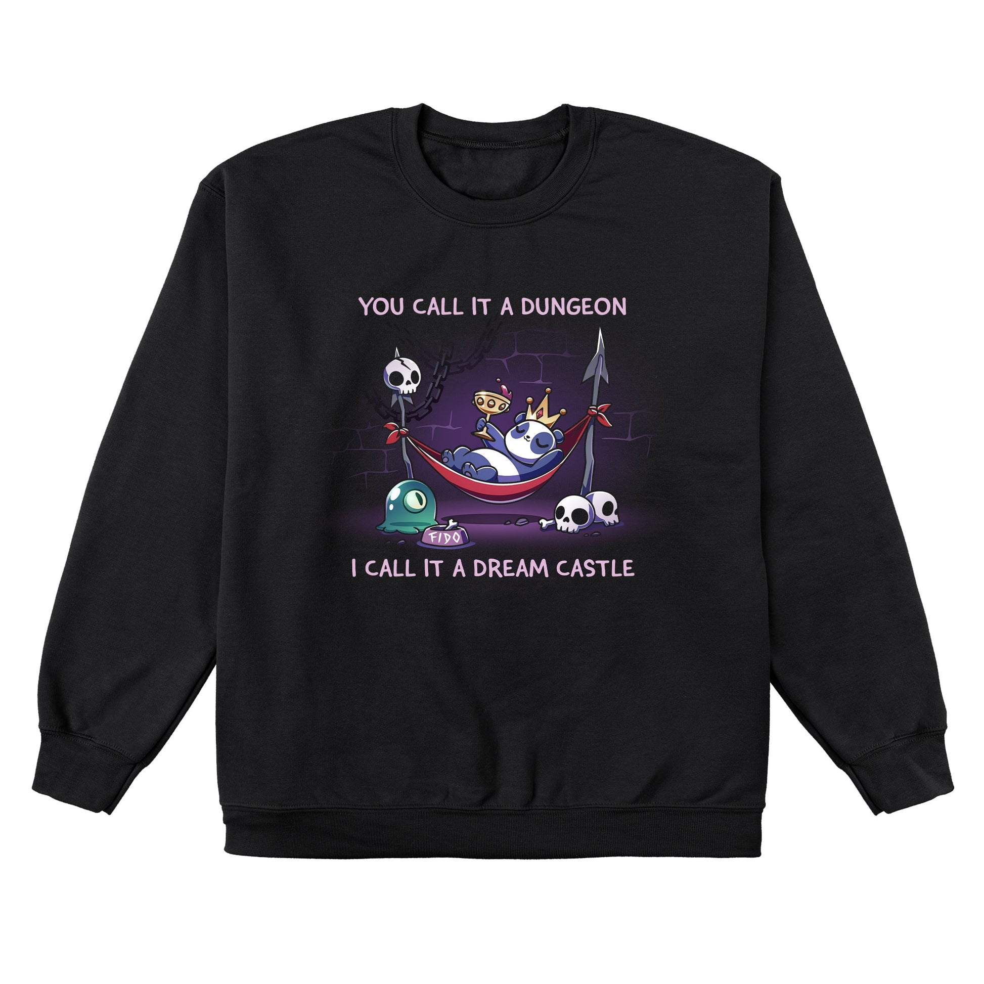 Crew Neck Sweatshirt_TeeTurtle black Dream Castle sweatshirt featuring a panda relaxing in a hammock propped with spears in a dungeon surrounded by skulls and a slime pet.