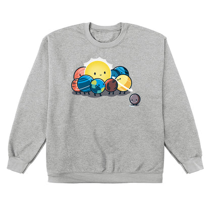 Crew Neck Sweatshirt_TeeTurtle Dwarf Planet heather gray design featuring the planets of our solar system in space  huddled around the sun while Pluto is far away crying. 