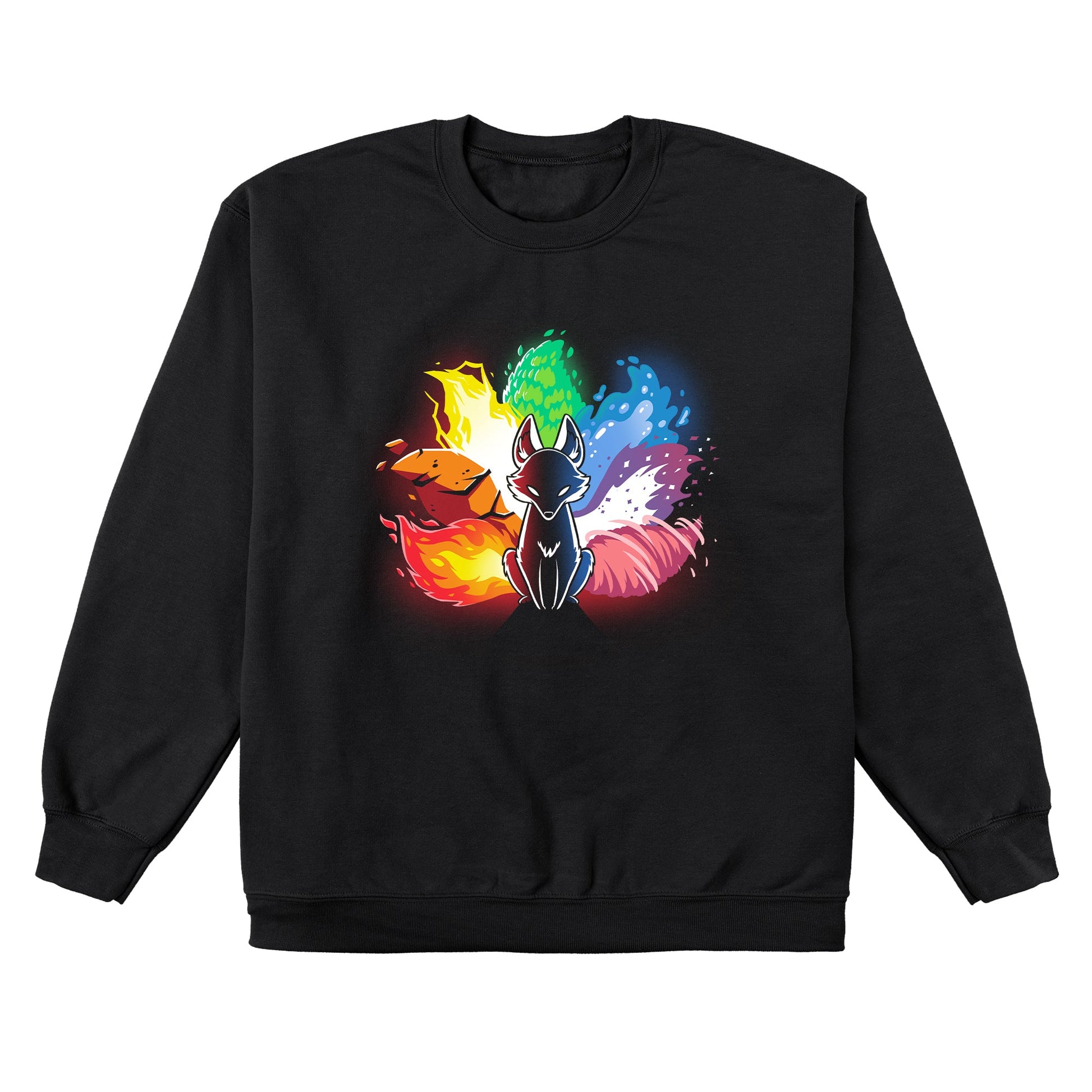 Crew Neck Sweatshirt_Stylized image of an Elemental Kitsune with elements of fire, water, earth, and air surrounding it. The fox is in a sitting position with a black body and glowing eyes. This graces our monsterdigital Elemental Kitsune, offering both comfort and style.