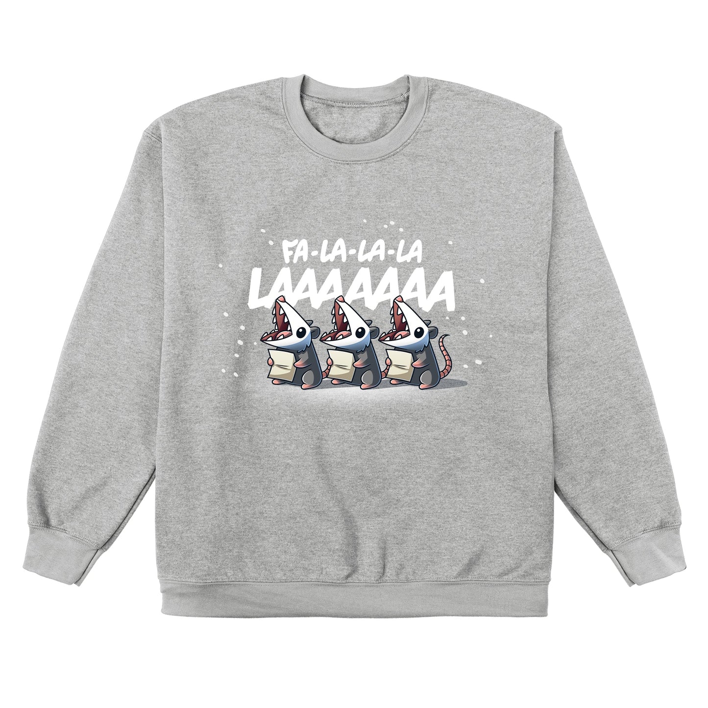 Crew Neck Sweatshirt_TeeTurtle heather gray Fa La-La-La LAAAAAAA apparel featuring three opossums holding sheets of paper singing Fa La-La-La LAAAAAAA.