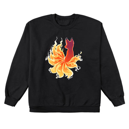 Crew Neck Sweatshirt_TeeTurtle black Fire Kitsune. Featuring a kitsune with fiery tail.