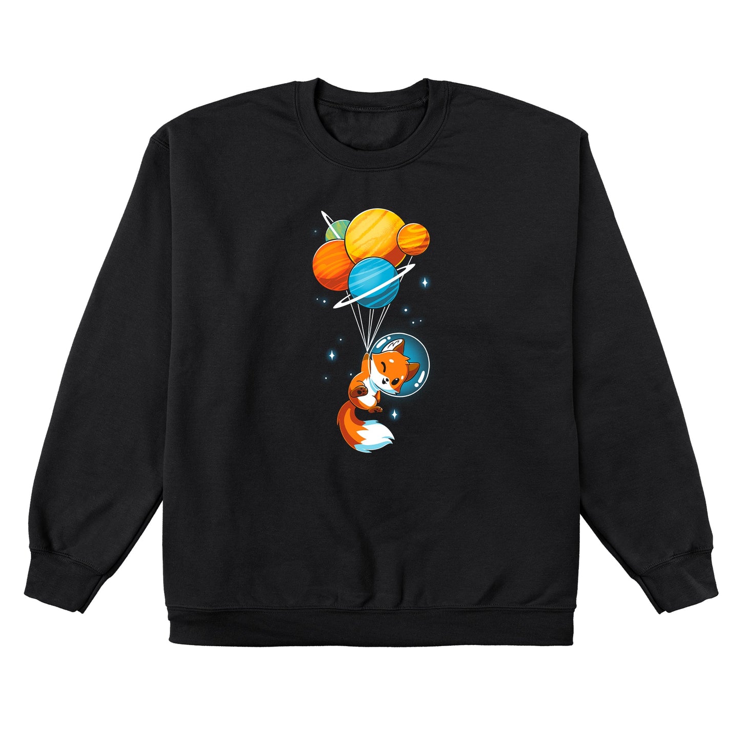 Crew Neck Sweatshirt_A cartoon Foxy Astronaut in a space helmet is being lifted by balloons shaped like planets against a dark background. This whimsical is printed on a super soft ringspun cotton Unisex Tee, perfect for space lovers of all ages. The Foxy Astronaut Unisex apparel by monsterdigital is sure to delight fans everywhere.