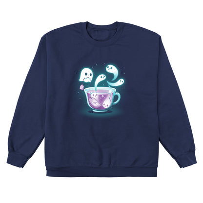 Crew Neck Sweatshirt_TeeTurtle Fresh-Booed Tea navy blue design featuring a glowing teacup with ghost-like figures emerging from it and a ghost holding a tea bag.