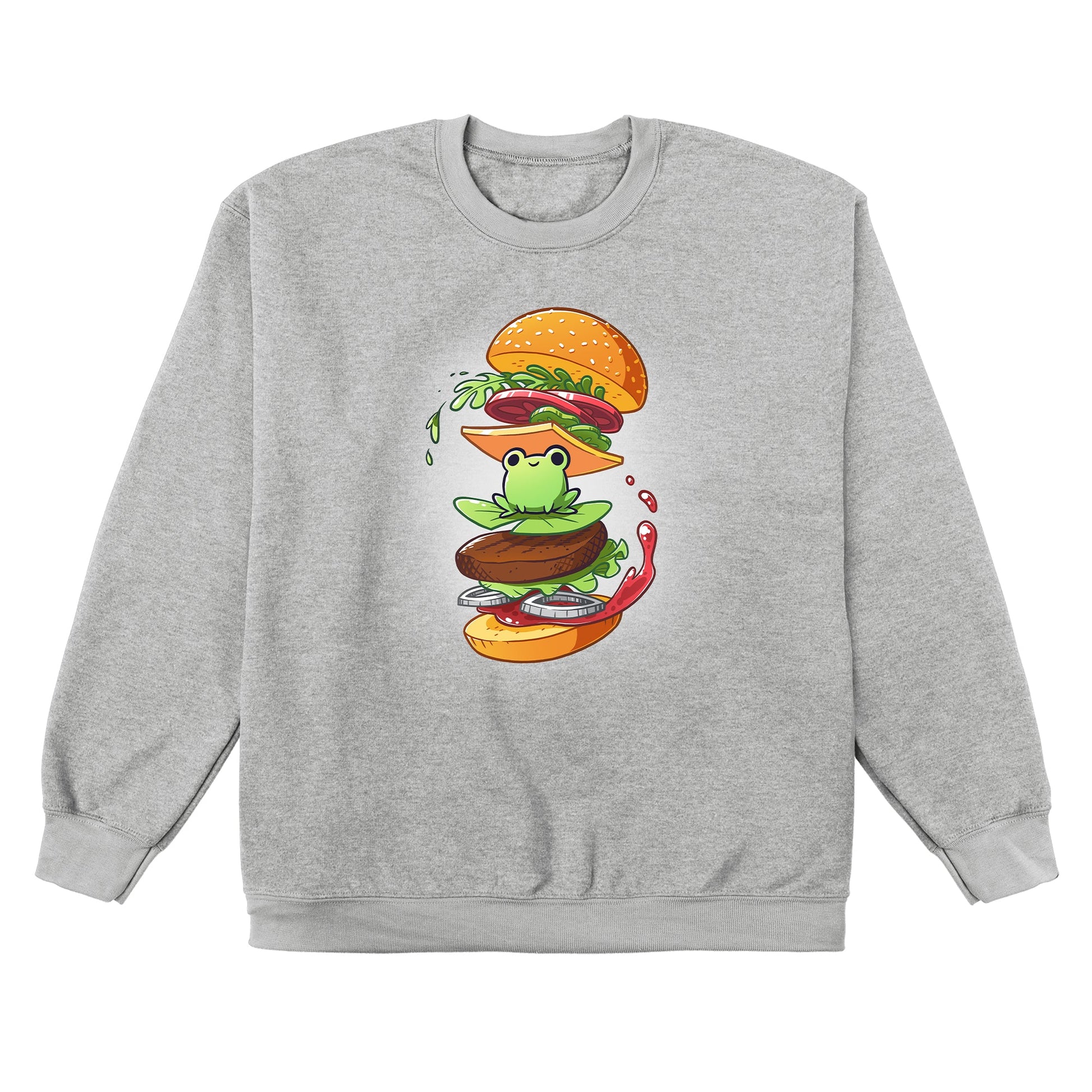 Crew Neck Sweatshirt_TeeTurtle heather gray Frog Burger featuring a frog in the middle of a burger’s floating ingredients.