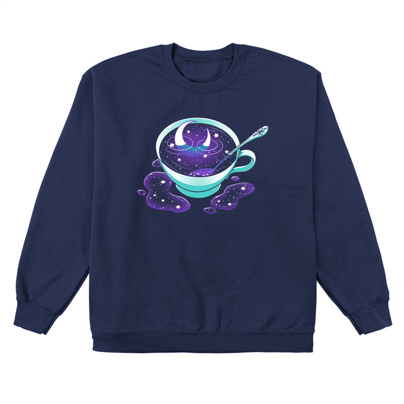 Crew Neck Sweatshirt_TeeTurtle Galactic Tea navy blue t-shirt featuring a turquoise cup filled with swirling Galactic Tea.