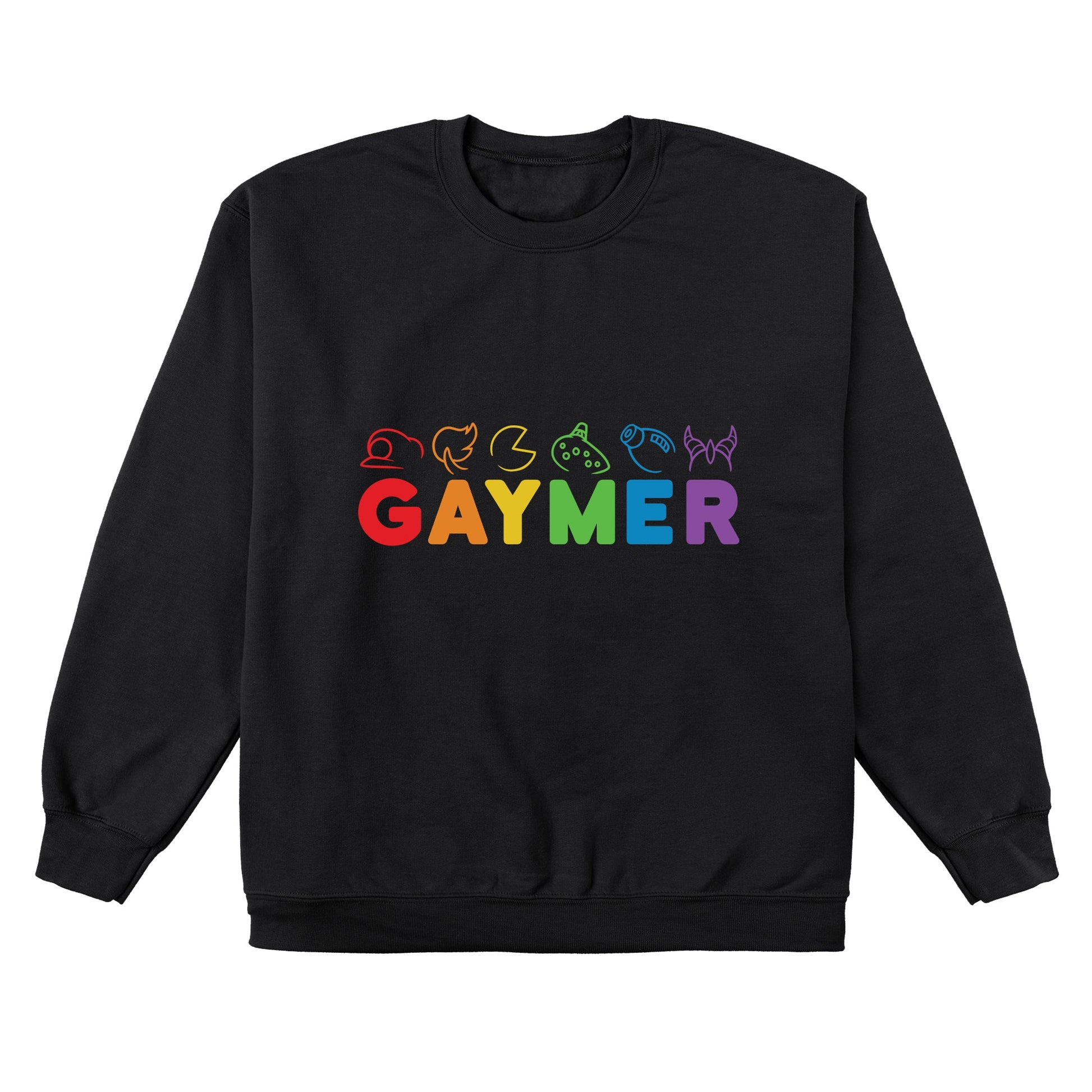 Crew Neck Sweatshirt_TeeTurtle black Gaymer. Featuring rainbow text spelling out, "Gaymer" with video game elements on top.