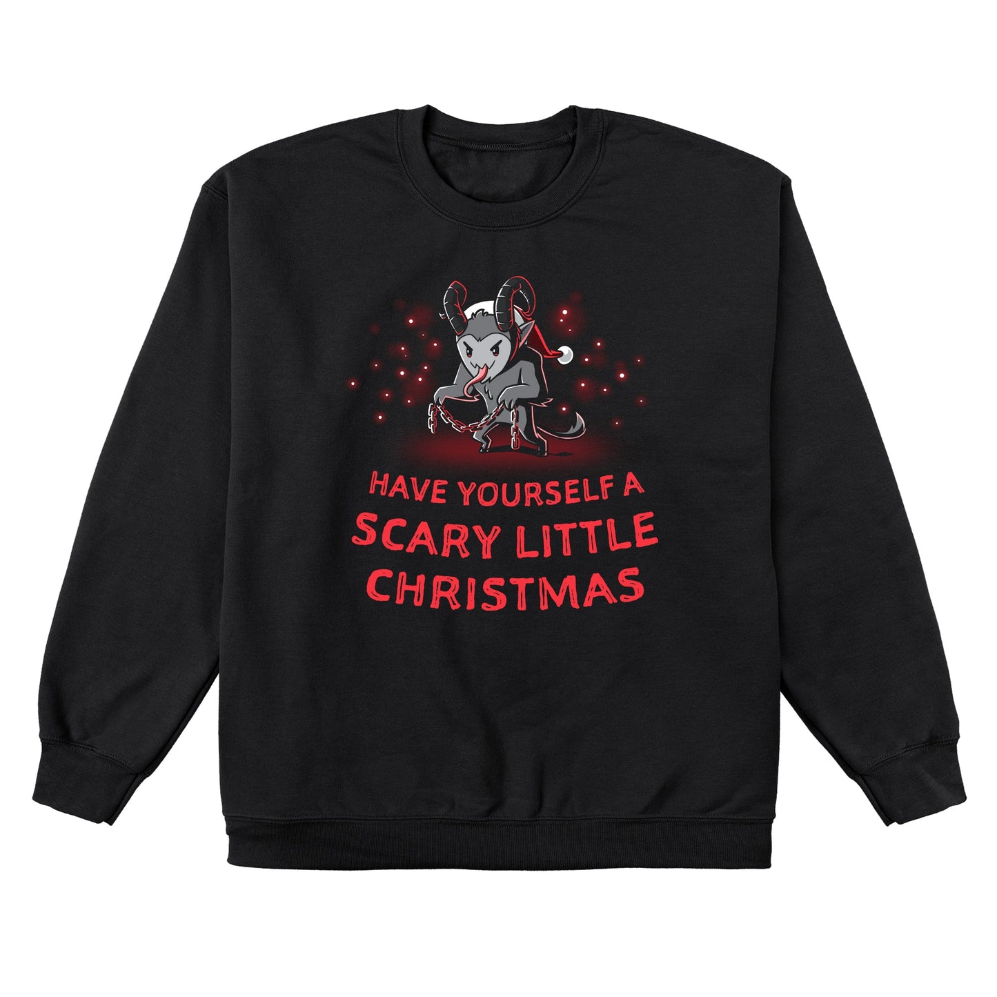 Crew Neck Sweatshirt_TeeTurtle   Have Yourself a Scary Little Christmas (Krampus) black design featuring a horned creature wearing a Santa hat and holding chains, with the text "Have Yourself a Scary Little Christmas."