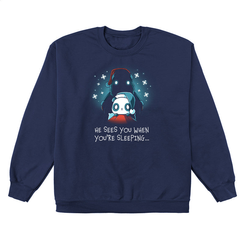 Crew Neck Sweatshirt_TeeTurtle He Sees You When You're Sleeping navy blue design featuring a dark figure wearing a Santa hat with glowing eyes standing behind a worried-looking panda in bed also wearing a Santa hat. The shirt reads "He Sees You When You're Sleeping...".