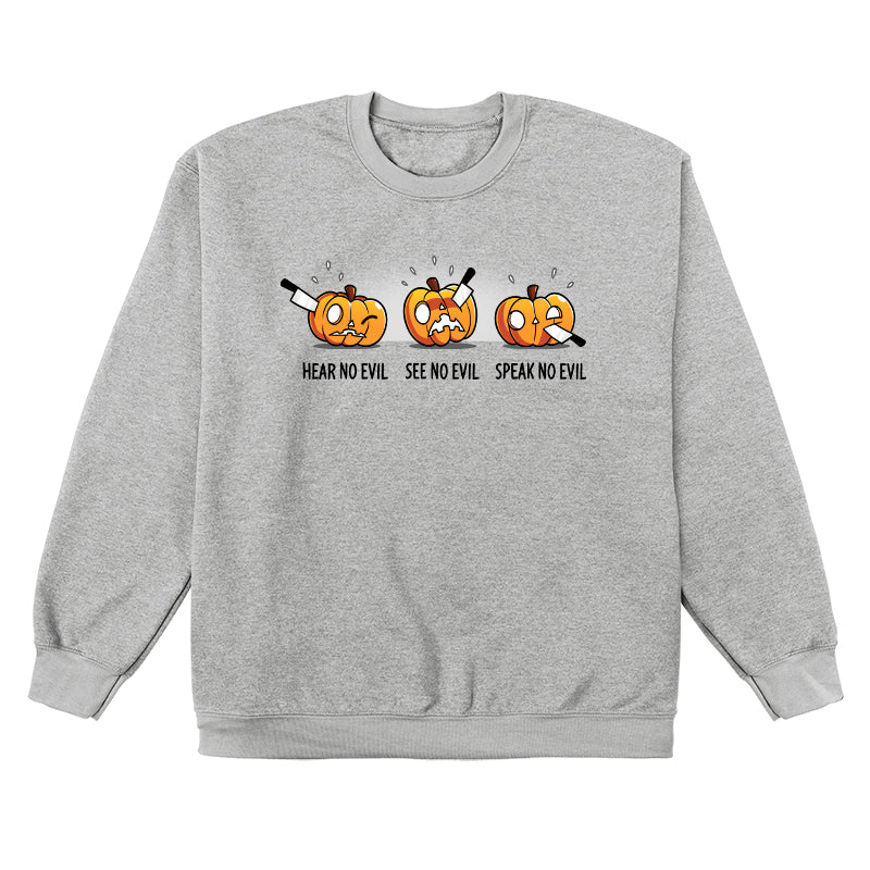 Crew Neck Sweatshirt_TeeTurtle Hear No Evil, See No Evil, Speak No Evil sport gray t-shirt featuring three pumpkins with knives in each. One is getting its ears carved, the second is getting its eyes carved, and the third is getting its mouth carved.