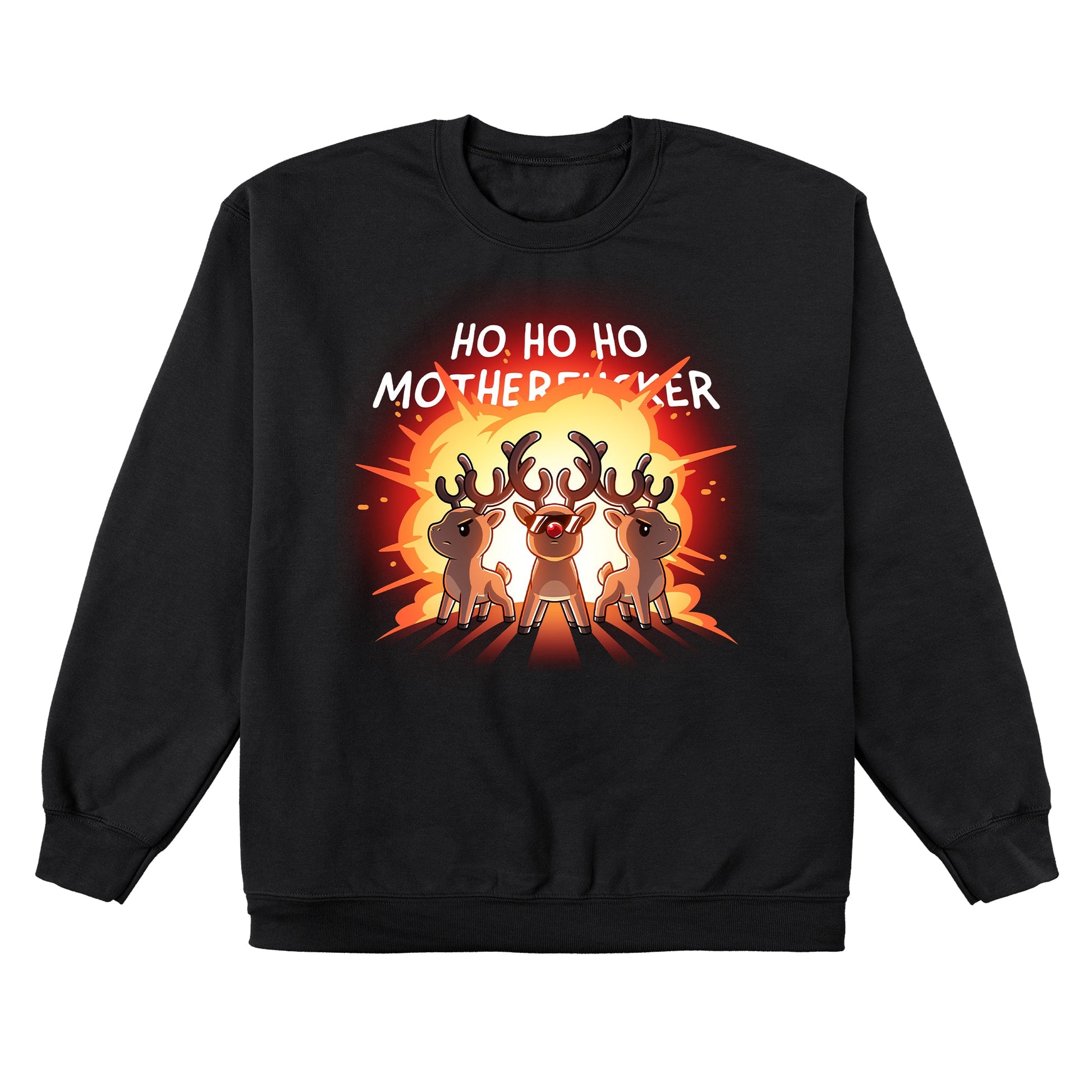 Crew Neck Sweatshirt_TeeTurtle black Ho Ho Ho Mother***ker apparel featuring three reindeer with an explosion behind them.