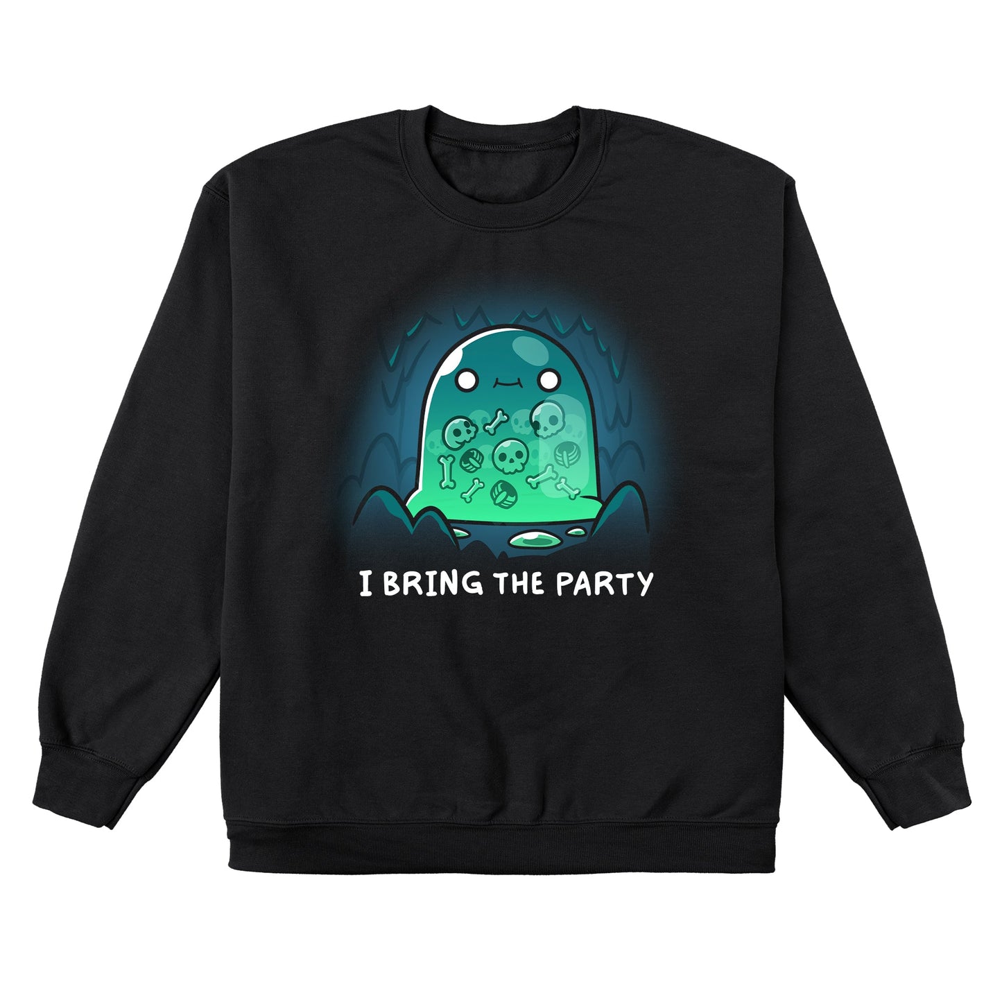 Crew Neck Sweatshirt_TeeTurtle black I Bring the Party sweatshirt featuring a giant slime monster with a small smile with multiple bones that can be seen in its transparent body inside a cave.