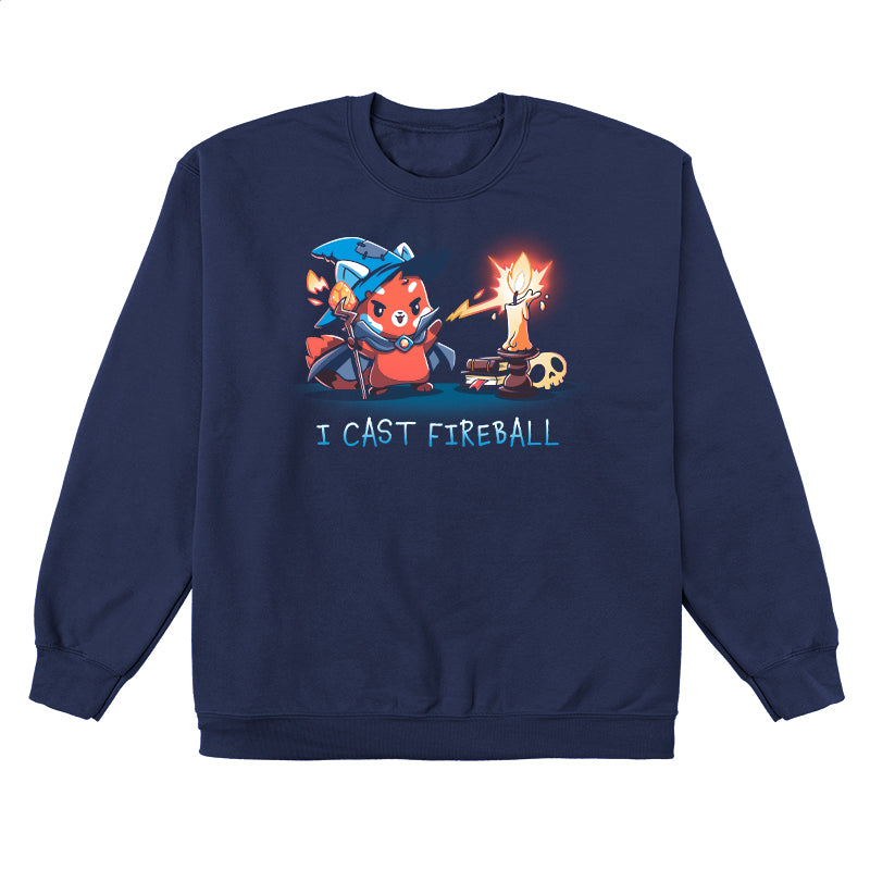 Crew Neck Sweatshirt_TeeTurtle I Cast Fireball navy blue t-shirt featuring a fox in a tabletop game wizard outfit with a staff who casts a fireball spell towards a candle, with the text "I CAST FIREBALL" below. A stack of books and a skull are in the background. 