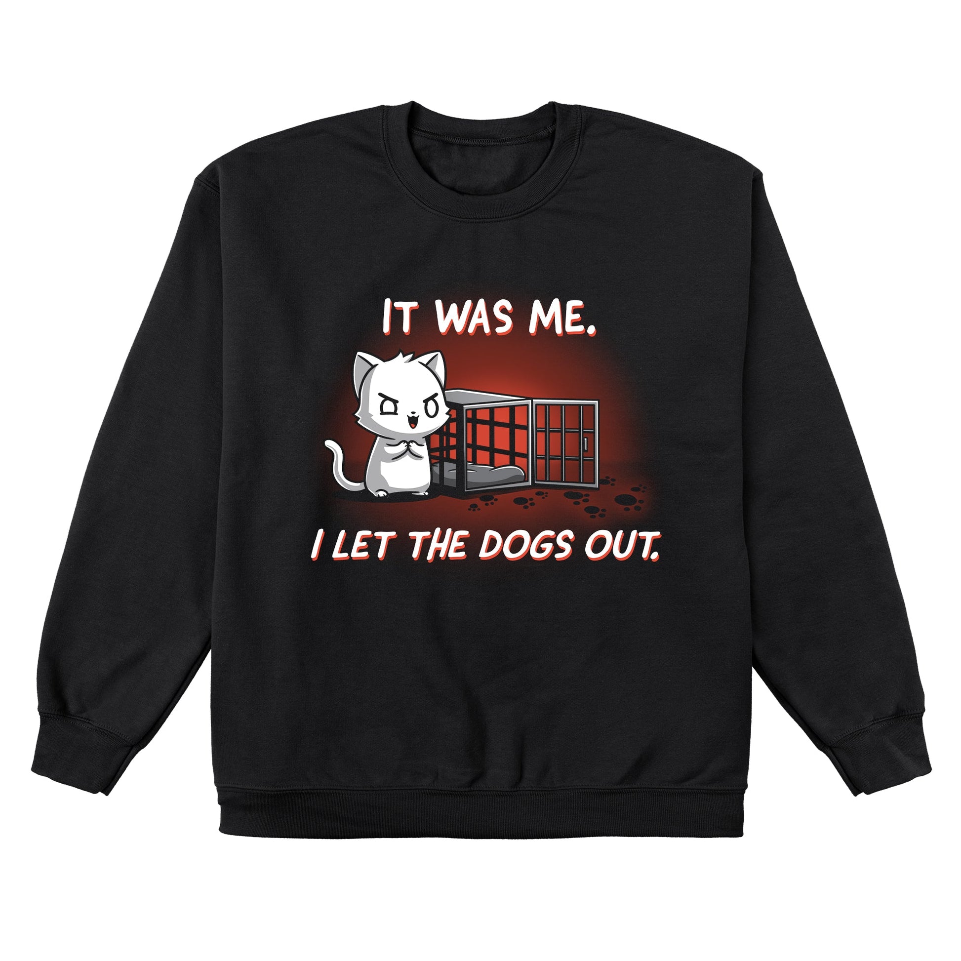 Crew Neck Sweatshirt_TeeTurtle I let the dogs out black design featuring a cat next to an empty dog cage.