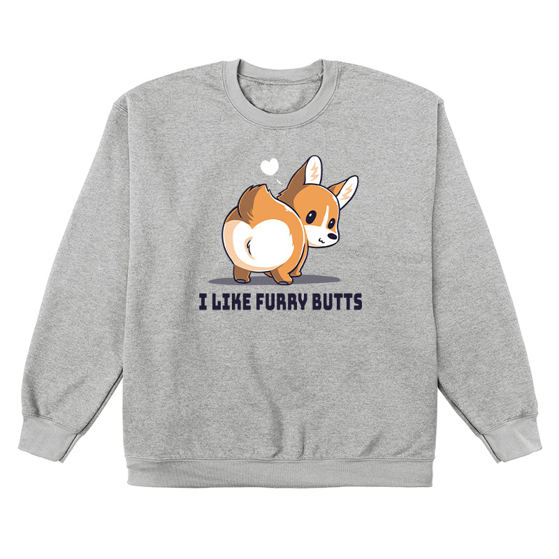 Crew Neck Sweatshirt_TeeTurtle I Like Furry Butts heather gray design featuring a corgi with a white heart above its head.