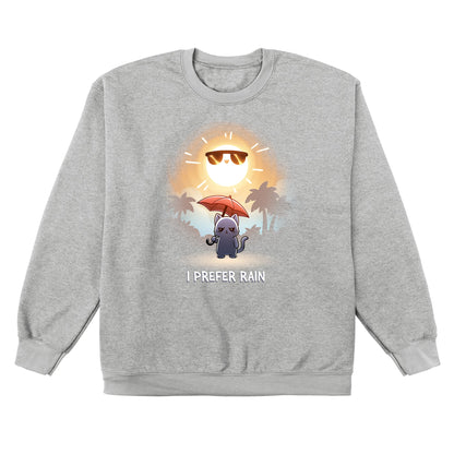 Crew Neck Sweatshirt_TeeTurtle heather gray I Prefer Rain featuring a grumpy cat holding an umbrella with the sun shining overhead.