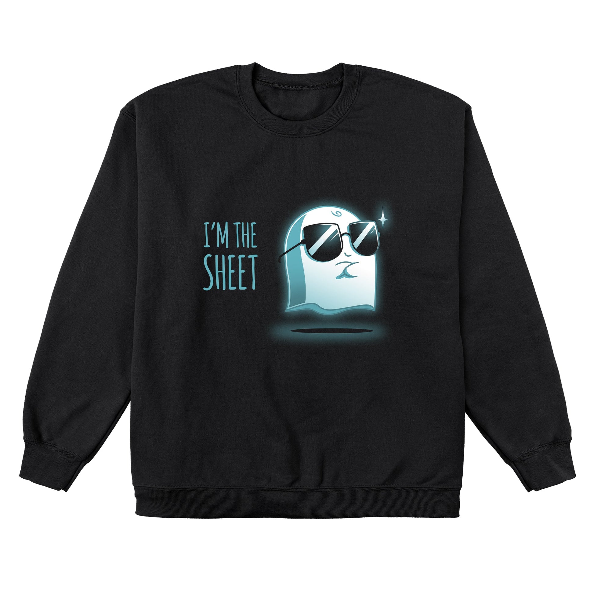 Crew Neck Sweatshirt_Teeturtle I'm the Sheet black t-shirt featuring a smug-looking ghost wearing sunglasses, arms crossed over its chest with 'I'm the Sheet' written next to it.