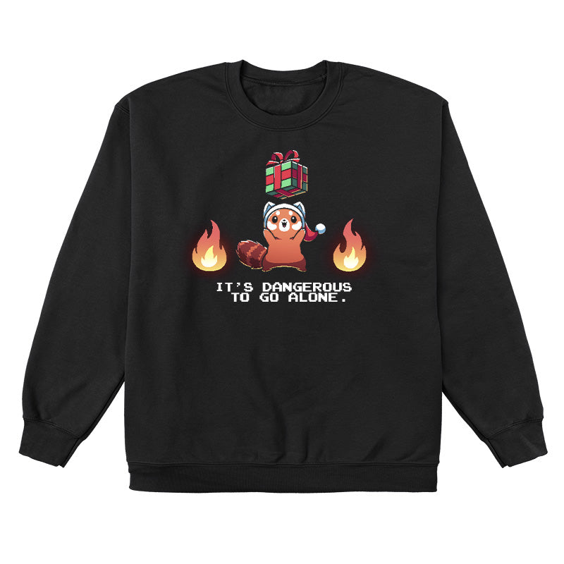 Crew Neck Sweatshirt_TeeTurtle black It's Dangerous To Go Alone apparel featuring a red panda holding a floating present surrounded by two flames.