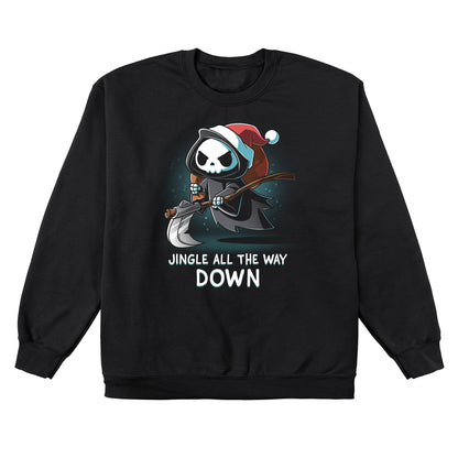 Crew Neck Sweatshirt_TeeTurtle black Jingle All the Way Down apparel featuring the Grim Reaper wearing a Santa hat carrying a sack, and scythe.