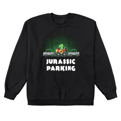 Crew Neck Sweatshirt_TeeTurtle Jurassic Parking black design featuring a pun of a t-rex dinosaur parallel parking in a movie themed jeep.