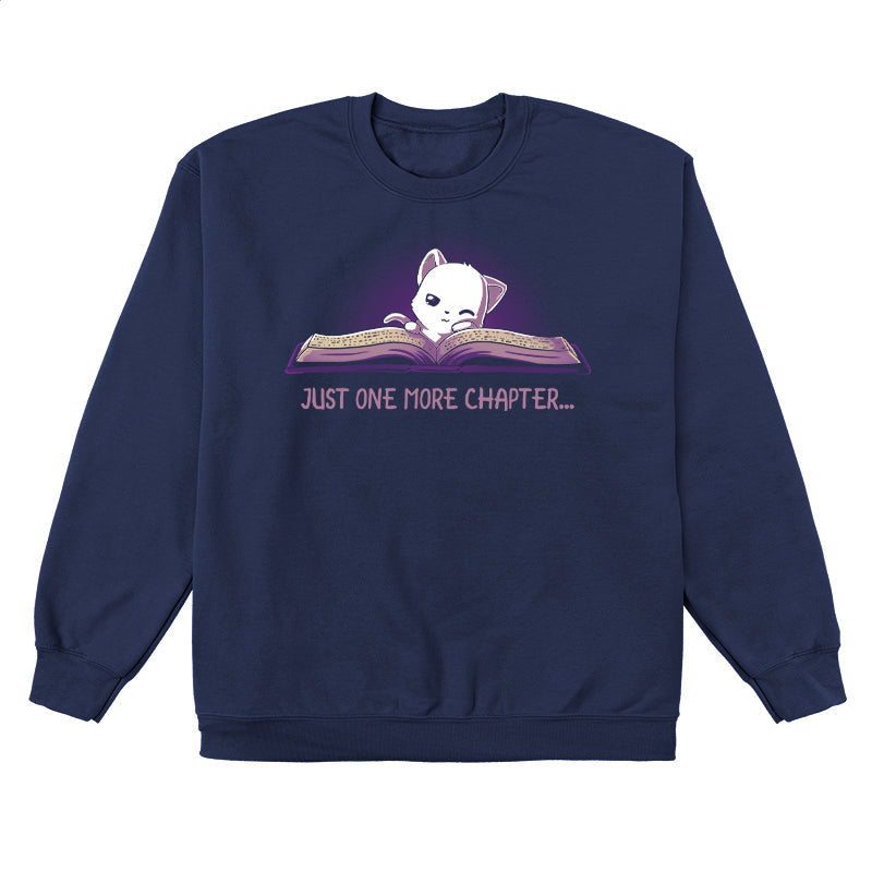 Crew Neck Sweatshirt_TeeTurtle navy blue Just One More Chapter. Featuring a sleepy white cat reading a book.