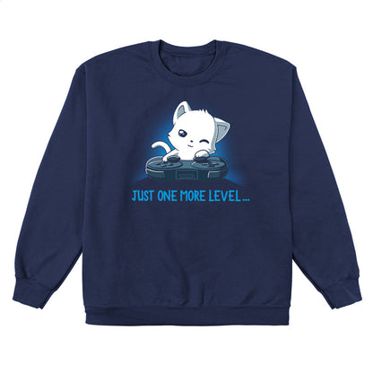 Crew Neck Sweatshirt_TeeTurtle Just One More Level navy blue design featuring a cat falling asleep in front of a video game controller.