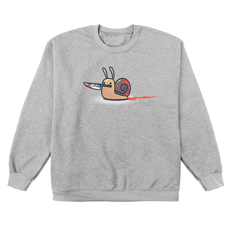 Crew Neck Sweatshirt_TeeTurtle sport gray Killer Snail. Featuring a bloody snail holding a bloody knife in its mouth.