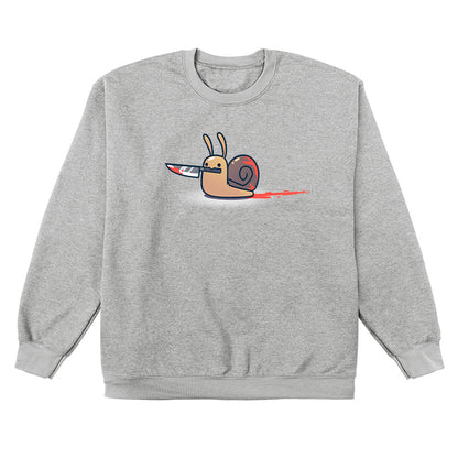 Crew Neck Sweatshirt_TeeTurtle sport gray Killer Snail. Featuring a bloody snail holding a bloody knife in its mouth.