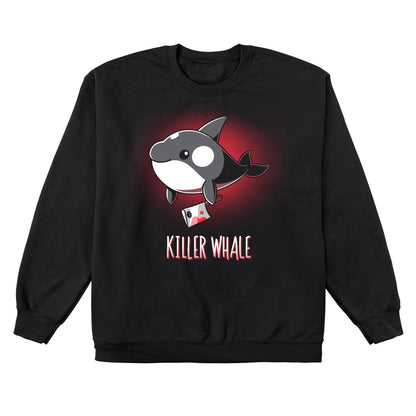 Crew Neck Sweatshirt_TeeTurtle Killer Whale black t-shirt featuring an orca whale holding a bloody knife in its flipper.