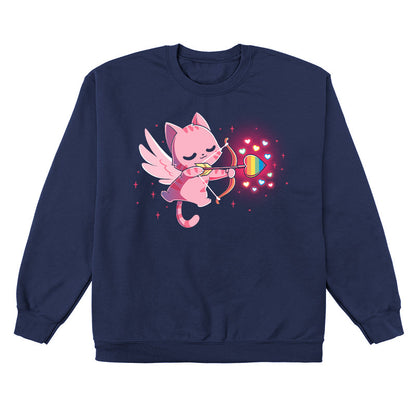 Crew Neck Sweatshirt_TeeTurtle navy blue LGBTQ-pid Kitty. Featuring a pink Cupid cat shooting an arrow with a rainbow heart at the tip.