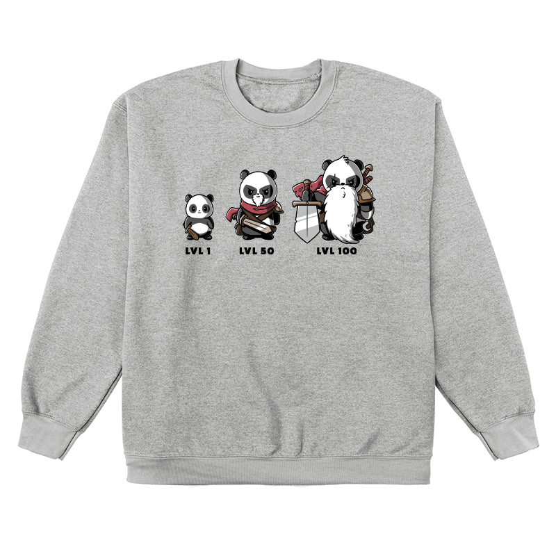 Crew Neck Sweatshirt_TeeTurtle heather gray Level Up. Featuring a panda at different levels and getting more armor as it levels up.