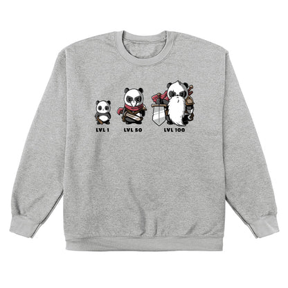 Crew Neck Sweatshirt_TeeTurtle heather gray Level Up. Featuring a panda at different levels and getting more armor as it levels up.