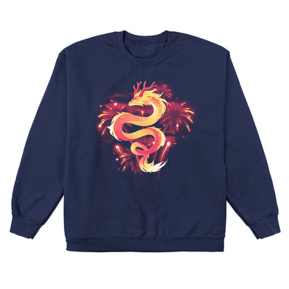 Crew Neck Sweatshirt_TeeTurtle lunar new year dragon navy blue design featuring a dragon amidst fireworks.