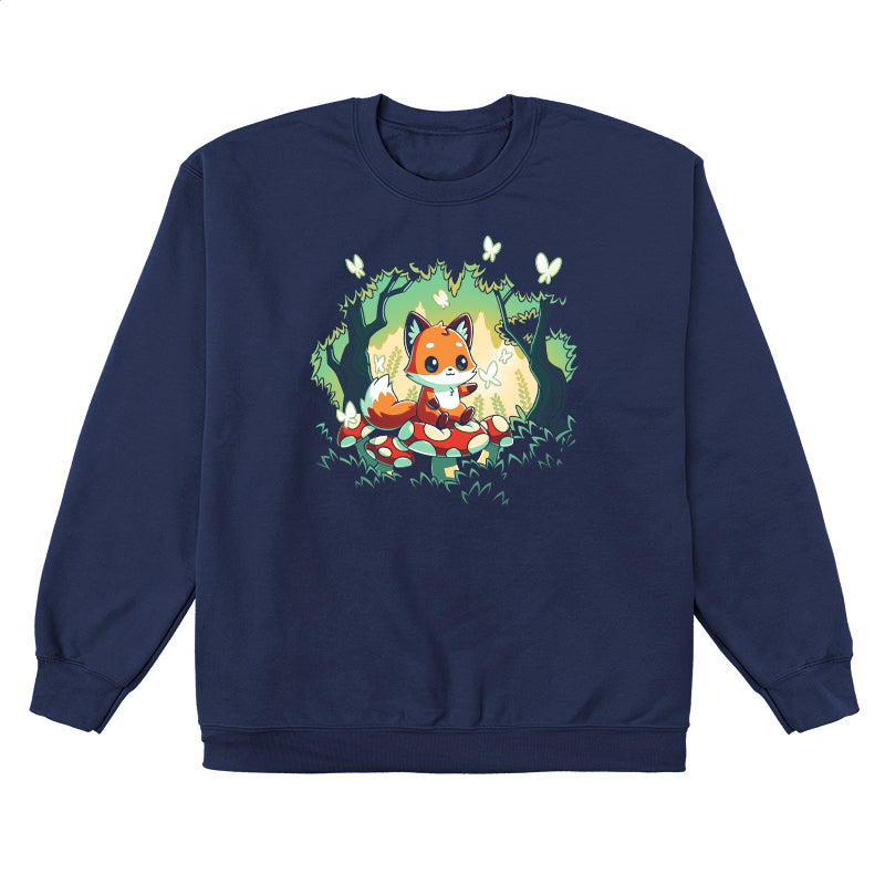 Crew Neck Sweatshirt_TeeTurtle navy blue Magical Forest. Featuring a fox sitting on a toadstool in a forest with butterflies.